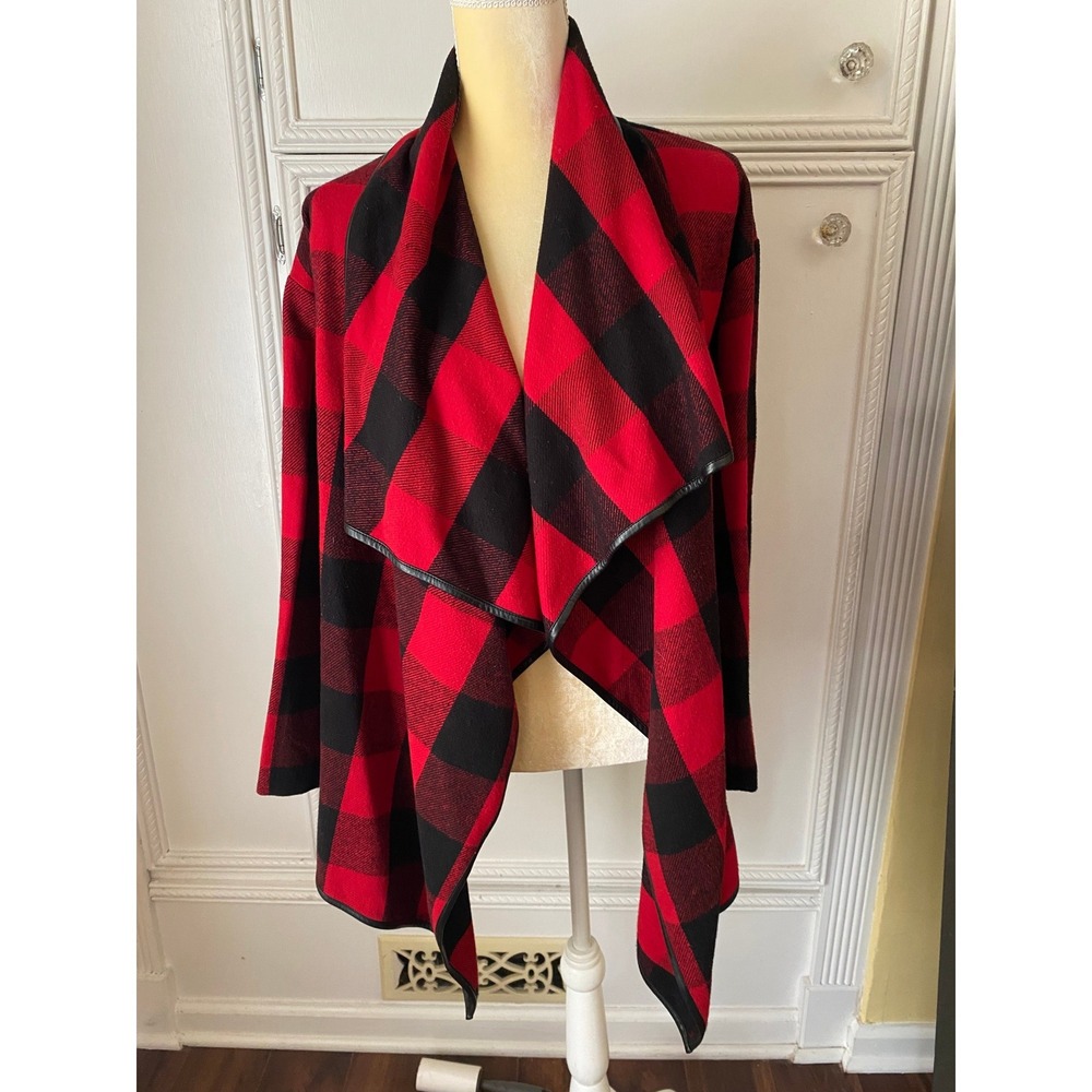 G.H. Bass Red Black Buffalo Plaid Draped Open Front Cardigan Faux Leather Trim S